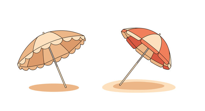 Two beach umbrellas with round tops casting soft shadows on the sand under a bright summer sun in a simple vector illustration.