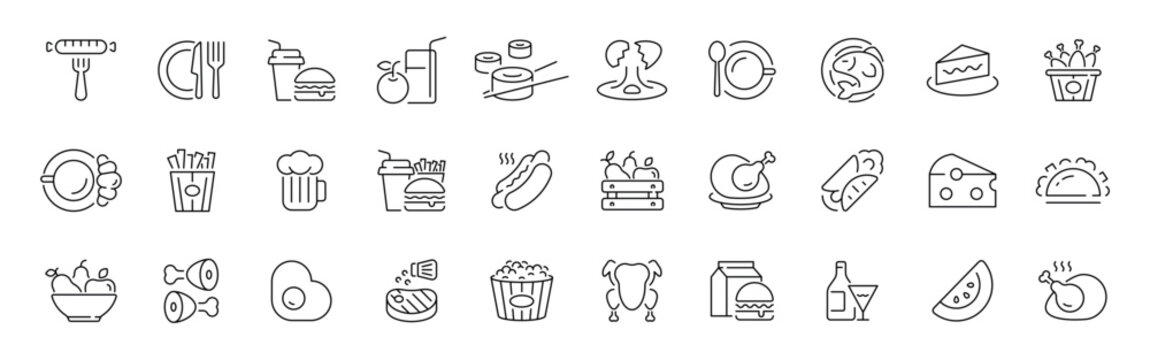Food and drink outline icon set with editable stroke for culinary and dining themes