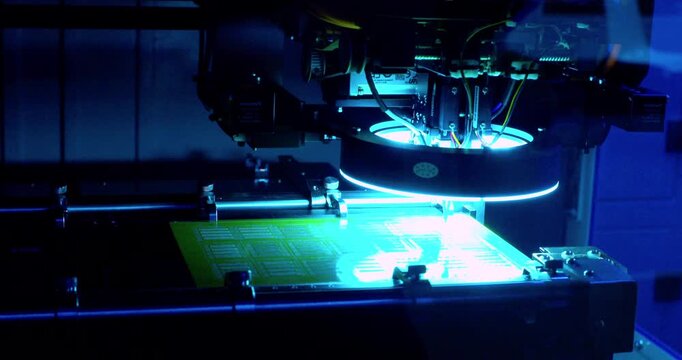 Modern high-tech production: Close-up of an automated high-precision machine assembling an electronic printed circuit board.