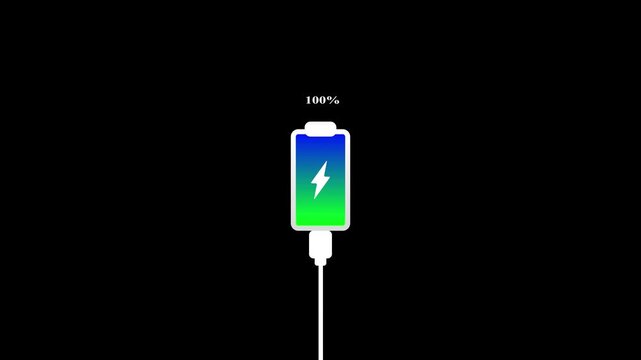 The charging process is displayed on the screen. power voltage. Smartphone charging icon 100 percent battery level lightning bolt symbol connected to white cable.