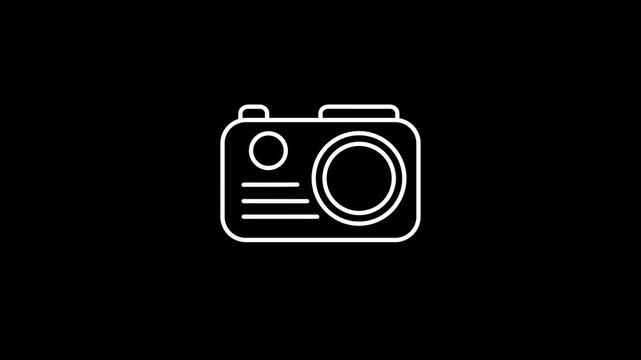 Photo camera, simple digital icon. Black linear icon with editable stroke on black background.