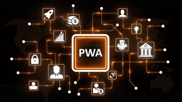Progressive Web App P W A Concept with Various Business and Technology on a Global Network Background