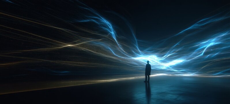 Cybersecurity Concept with Person in Dark Room Illuminated by Screen Light, Glowing Shields and Encrypted Data Streams, Cinematic Blue Lighting and Digital Protection Theme