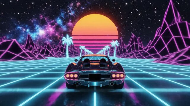 Retro sports car drives on neon grid road with palm trees at sunset