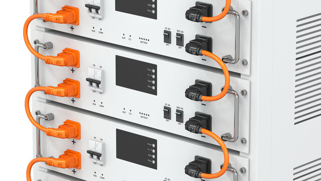 Close-up 3D render of a lithium-ion BESS energy storage system module in a server rack. High-detailed industrial battery unit with orange cables. Smart grid tech
