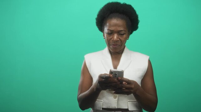 Woman holding smartphone and scrolling with furrowed brow, left hand raised in questioning gesture, wearing sleeveless white vest against green studio screen; concern technology.