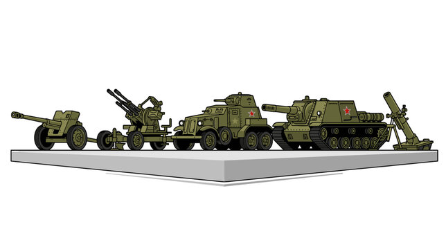 Military vehicles artillery and equipment displayed exhibition of wartime hardware victory day concept