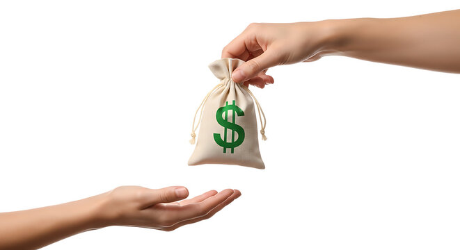 Hands exchanging a money bag with a dollar sign giving back exchange receiving currency transaction earnings investment business financial