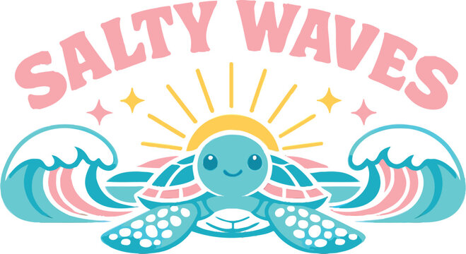 Salty waves sea turtle vector, cute coastal beach illustration with ocean waves, rising sun, sparkle accents, pastel summer shirt, sticker and kids apparel design
