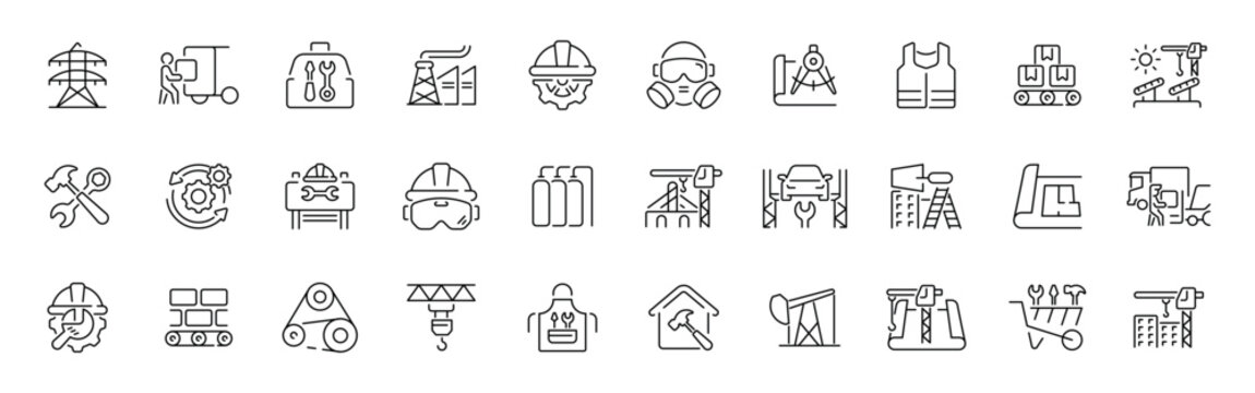 Construction and engineering linear icon set with thin line style and editable stroke symbols