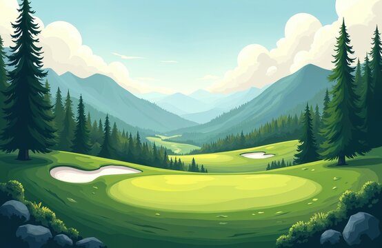 Mountain golf course illustration featuring rich green fairways and sand traps. Tall pine trees dot the landscape, with rolling hills and layered mountains in the background under a bright sky.