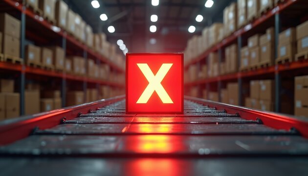 Red X sign on conveyor belt in industrial warehouse. Boxes stacked on shelves, automation system shows rejected cargo. Logistics error, quality control failure. Production line stops.