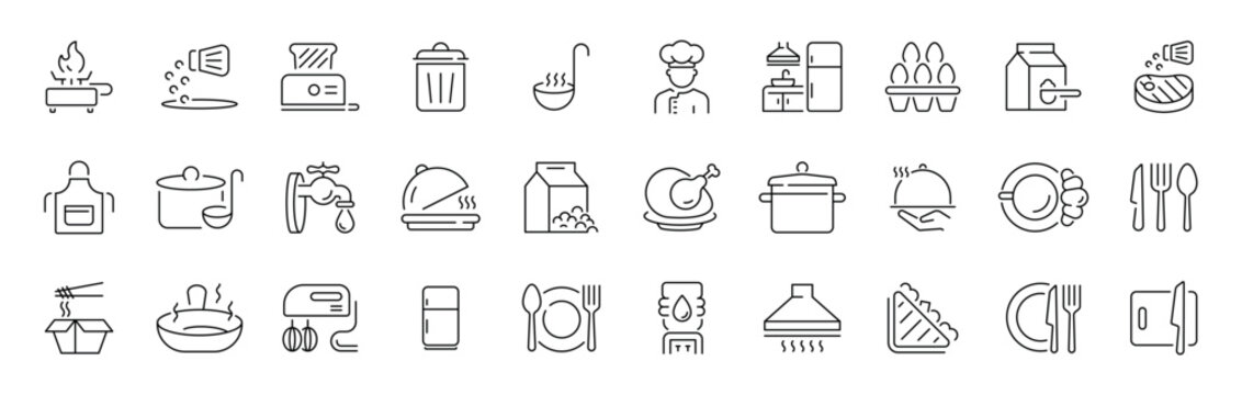 Cooking and kitchen outline icon set in modern thin line style with editable stroke
