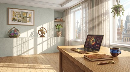 Obraz premium Modern home office workspace with laptop, coffee cup, and city view from window