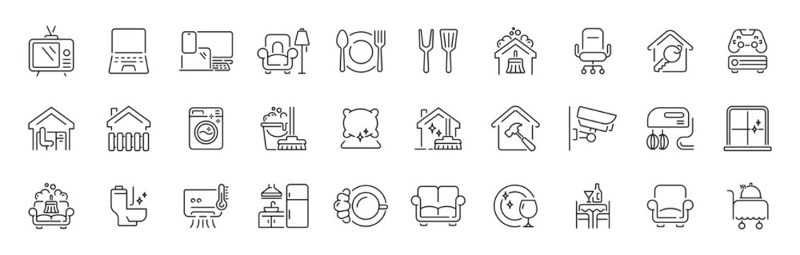 Home and living outline icon set: thin line, editable stroke, modern pictograms