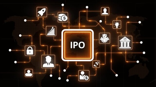 Initial Public Offering I P O Concept with Business and Global Network Connections on Dark Background