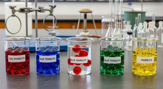 Colored marbles in science beakers