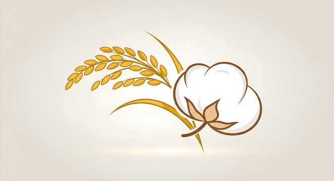 Stylized illustration of a fluffy white cotton boll next to golden wheat or rice stalks, symbolizing agriculture and natural resources.