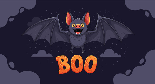 Adorable cartoon bat flying against a dark night sky with clouds and the word BOO in a stone textured font for Halloween celebrations.