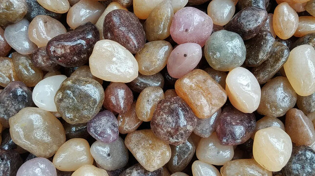 "Heap of multicolor tumbled moonstone pebbles. Natural mineral gemstone background with adularescence effect."
