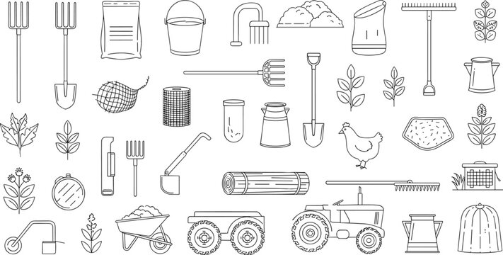 Farming and Agriculture Equipment Vector Set Featuring Tractor Shovel Bucket Wheelbarrow and Farm Tools in Minimalist Line Art Style Isolated on White Background