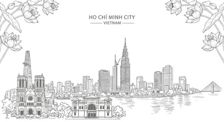 Fototapeta premium Black and white sketch of the Ho Chi Minh City skyline lotus flowers overhead