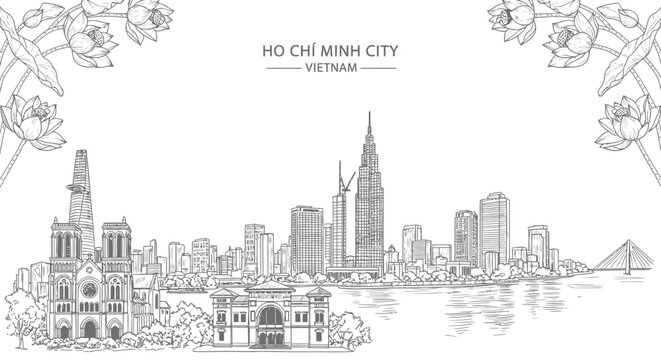 Black and white sketch of the Ho Chi Minh City skyline lotus flowers overhead