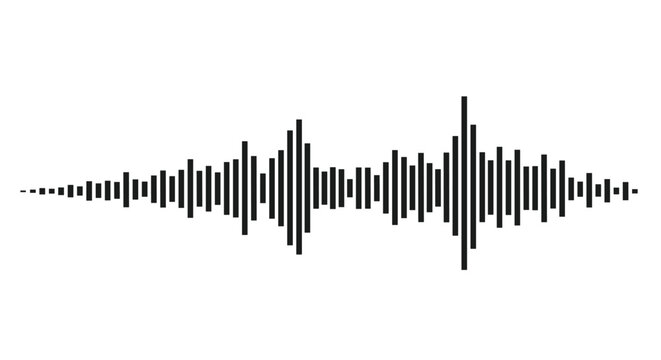 Black audio sound wave or frequency spectrum illustration made of vertical bars of varying lengths on a white background.