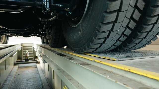 Close-up of heavy truck wheels moving into a service pit inside a workshop.