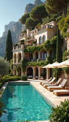 Obraz premium Luxury villa rests on steep terrain overlooking azure sea. Elegant architecture features balconies terraces, pool area with lounge chairs. Rich vegetation climbs stone walls, cypress trees frame