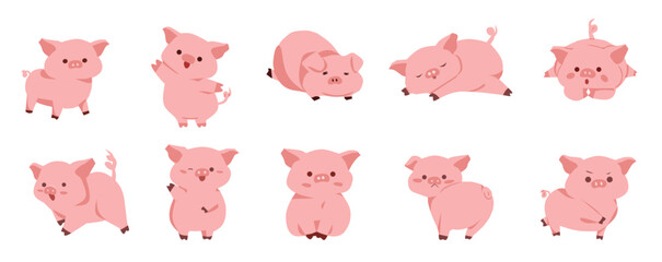 Acute cartoon pig illustration set featuring the pig. Set of watercolor pig illustrations featuring cute pink piglets in varied hand-painted styles. Cute pig cartoon character set vector illustration. © Fahad tray rose