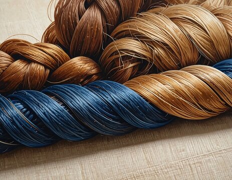 Braided Fiber Bundles In Natural Brown And Deep Blue Colors Macro Photography On Textured Wooden Surface