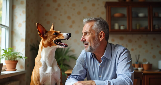 Man talks to excited Basenji dog at kitchen table. Owner and pet have funny discussion, dog opens mouth as if speaking. Home interior, natural light.