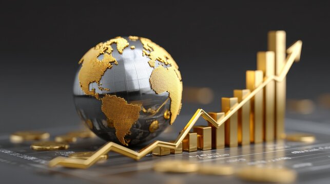 Golden globe with world map and rising bar chart symbolizing global growth and financial success in business markets