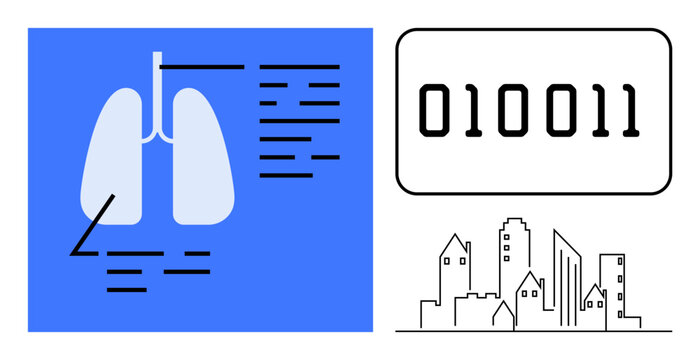 Healthcare innovation, digital transformation, smart cities, information technology, medical data, urban planning. Lung diagram and binary code with city outline. Healthcare innovation and digital