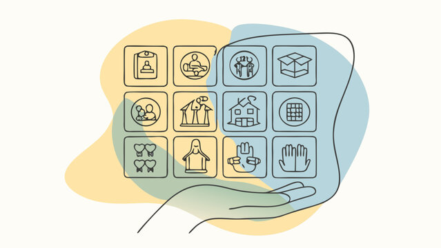Flat design icons of home services arranged in a speech bubble on a hand.