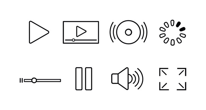 Streaming media: play button, video player screen, live stream icon, buffering circle, progress bar, pause button, volume speaker, fullscreen icon.