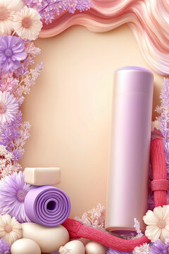 Purple yoga mat and spa setup with soft pastel flowers, soap bars, pebble stones, loofah and foam roller textured backdrop evokes soothing atmosphere for morning relaxation and athome Copy space.