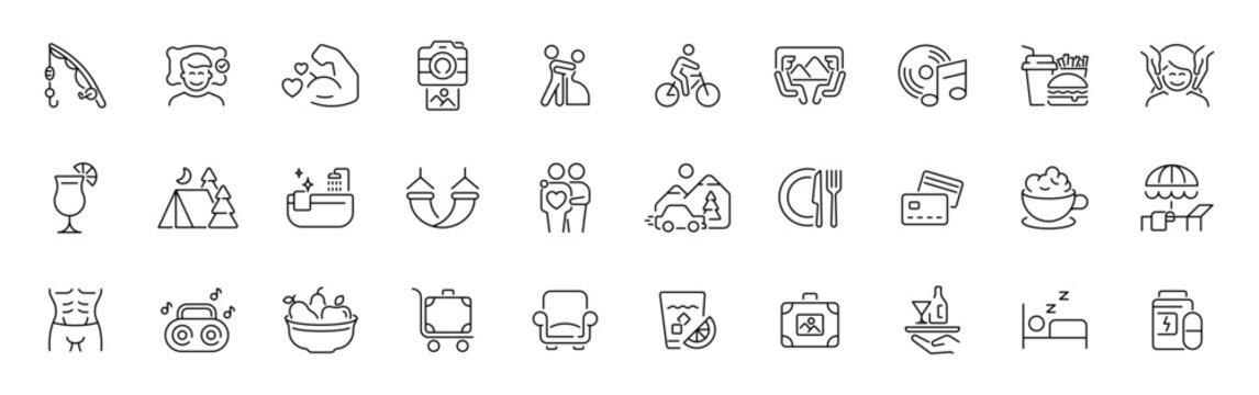 Lifestyle line icons set with thin line style. editable stroke for leisure, travel, and relaxation concepts
