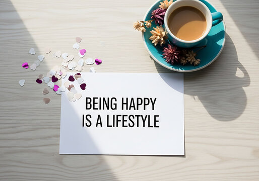Being happy is a lifestyle quote on wooden table with coffee cup and flowers