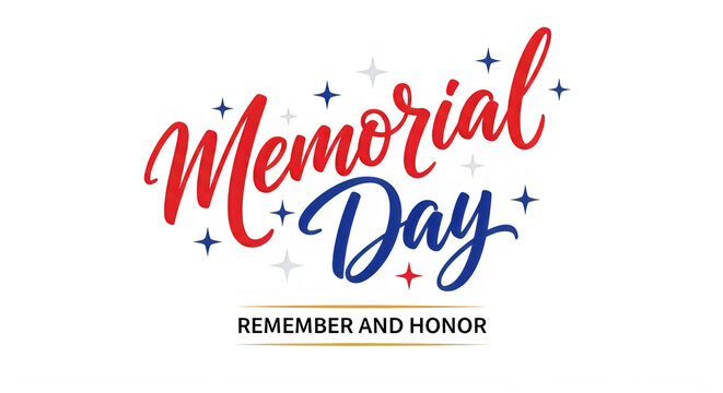 Memorial Day Red and Blue Script Text with Stars isolated on transparent background