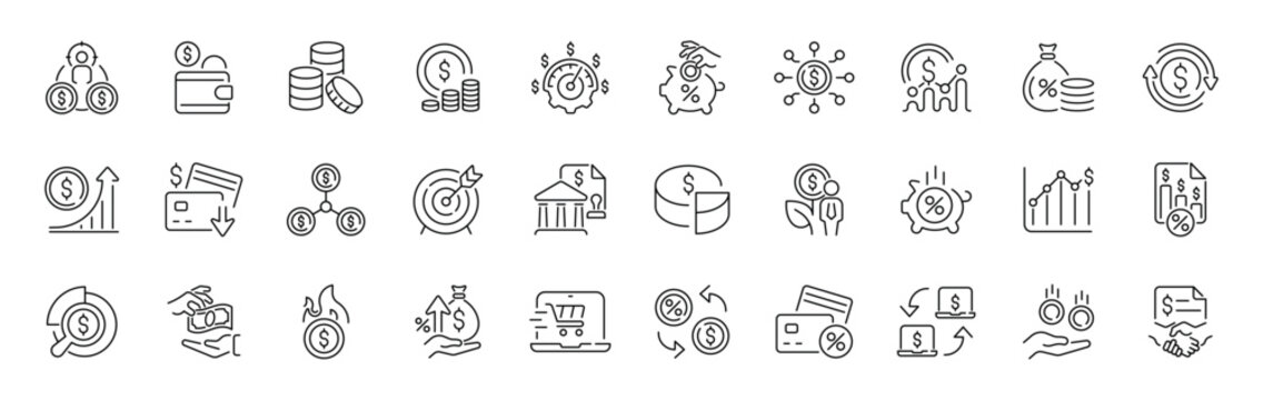 Financial and business outline icon set in editable stroke style for modern thin line appearance
