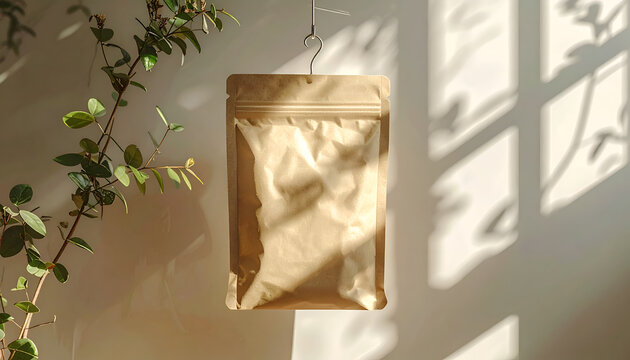 Kraft paper pouch mockup hanging against a sunlit wall with foliage accents ideal for showcasing food packaging design with natural aesthetics