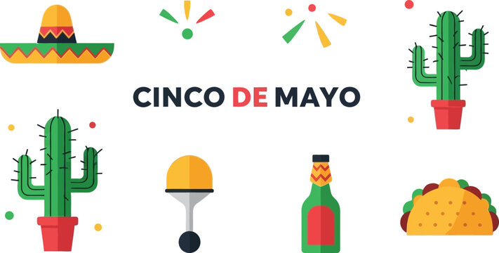 Cinco de mayo flat sombrero cactus bottle taco maraca mexican holiday celebration