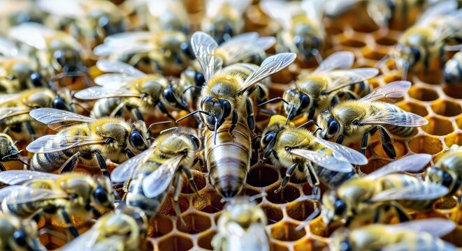Busy Bees Tending Honeycomb Hive With Queen Bee Centerpiece