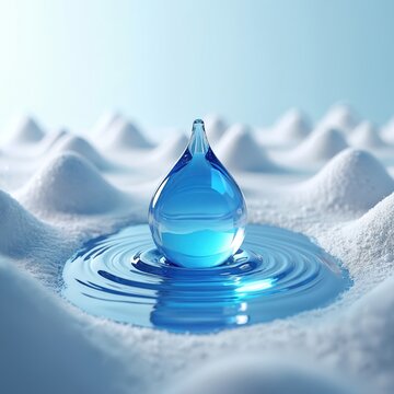 Giant blue water drop rests on fluffy white surface with ripples. Close-up macro view shows liquid absorption concept. Clean fluid interacts with textile material, sponge or padding. Wetness, dryness.