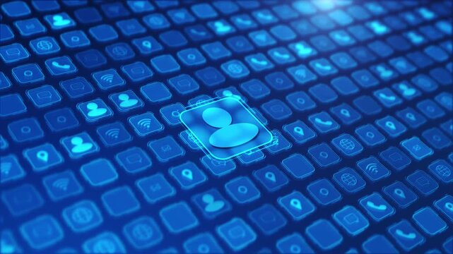 Human Hand click on Glowing User Profile Icon Digital Communication Symbols Grid. digital identity social networking mobile apps, data systems, and modern UI background.