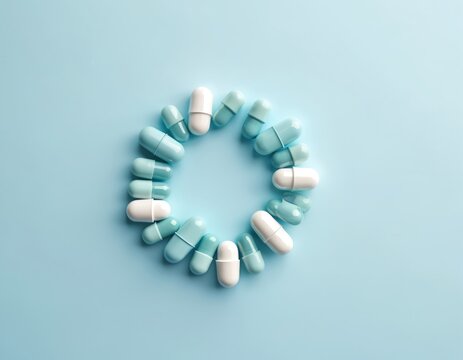 Circular arrangement of white and light blue medical capsules on a plain light blue background. Empty copy space for text or design. Healing and treatment concept.