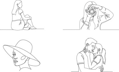 Obraz premium Continuous Line Art People Set – Sitting Woman, Photographer, Fashion Portrait and Romantic Couple One Line Drawing Vector Illustration