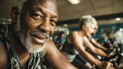 Obraz premium Active senior black man smiling at the camera, sweating during an indoor cycling exercise class, promoting age inclusivity and healthy lifestyle for older adults in a modern fitness gym